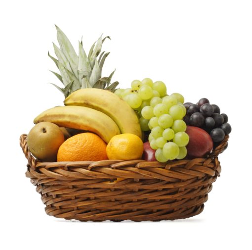 basket containing bananas grapes apples oranges kiwi and pineapple