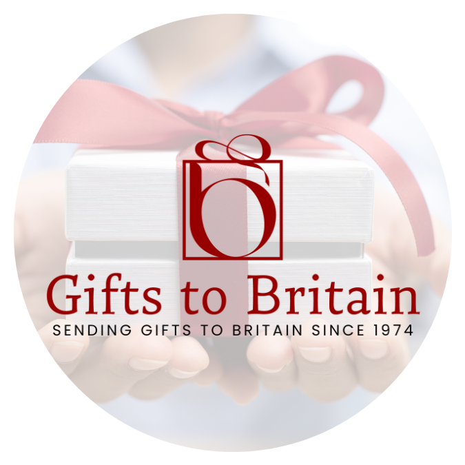 Gifts to Britain logo and a gift box with a red ribbon on it