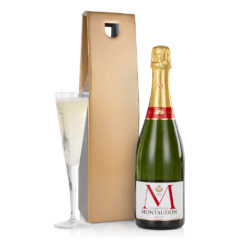bottle of champagne and gift bag