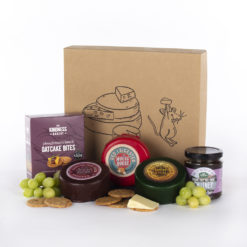 cheese, crackers, chutney, and a gift box