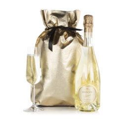 bottle of prosecco and a gold gift bag