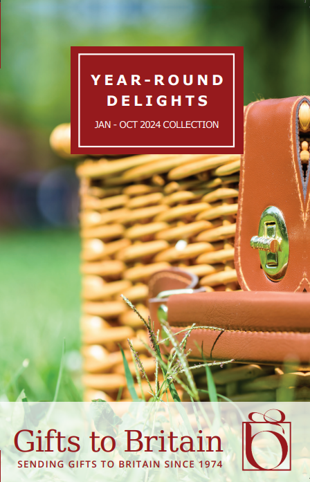 Year-Round Delights catalog cover with a picnic basket on lush green grass. This product collection is available January to October.